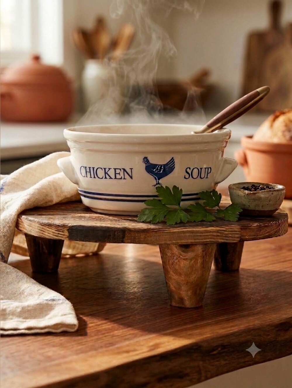 Vintage 1985 FTDA Chicken Soup Ceramic Bowl with Handles Farmhouse Blue & White